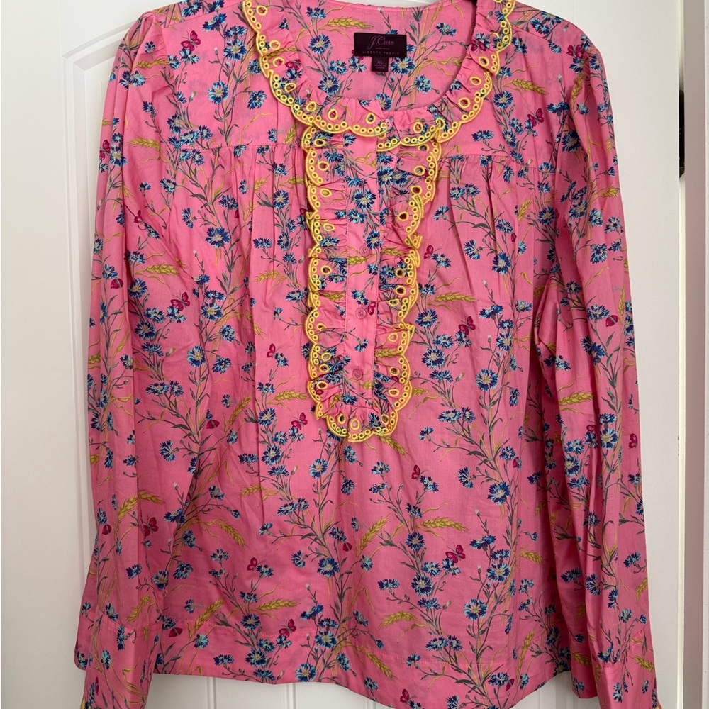 J. Crew Pink Ruffled Long Sleeve Blouse with Bib Collar